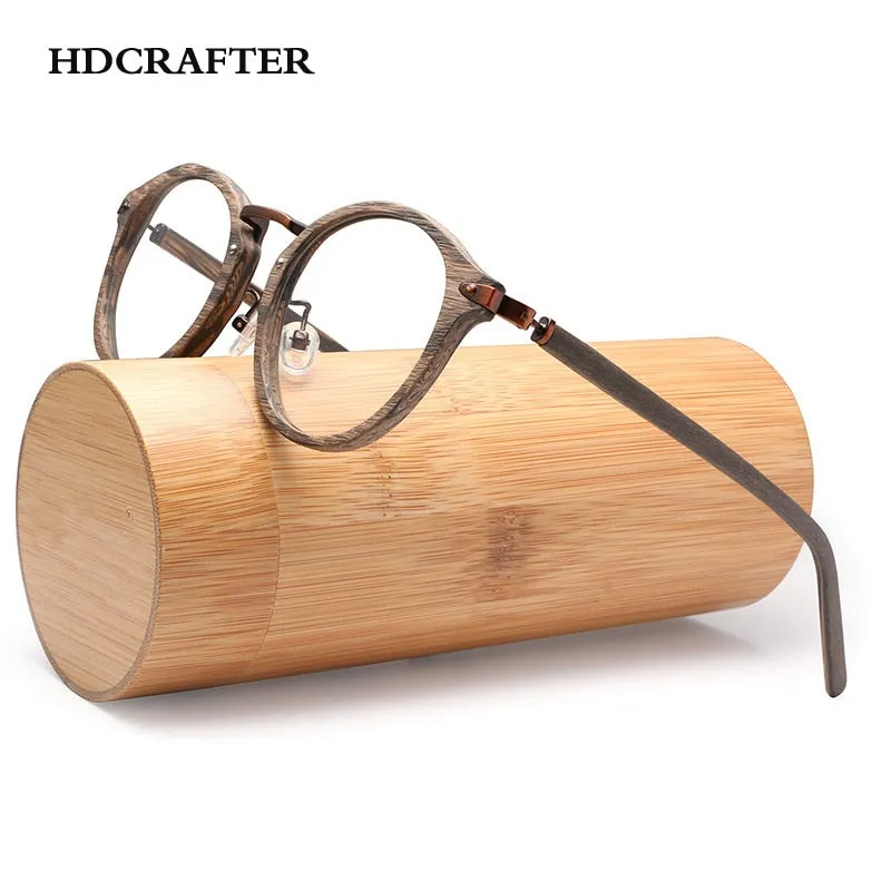 Hdcrafter Unisex Full Rim Round Acetate Eyeglasses Acetate Round Wood Grain Bc06