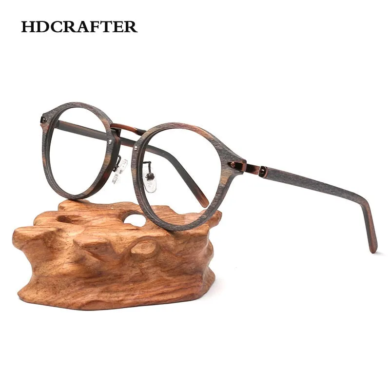 Hdcrafter Unisex Full Rim Round Acetate Eyeglasses Acetate Round Wood Grain Bc06