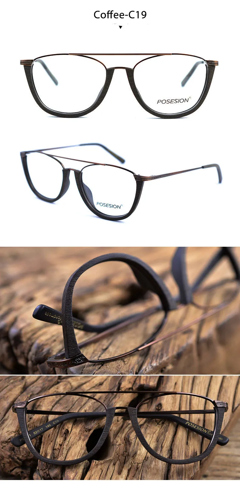 Hdcrafter Unisex Full Rim Round Metal Wood Double Bridge Frame Eyeglasses Ps5051