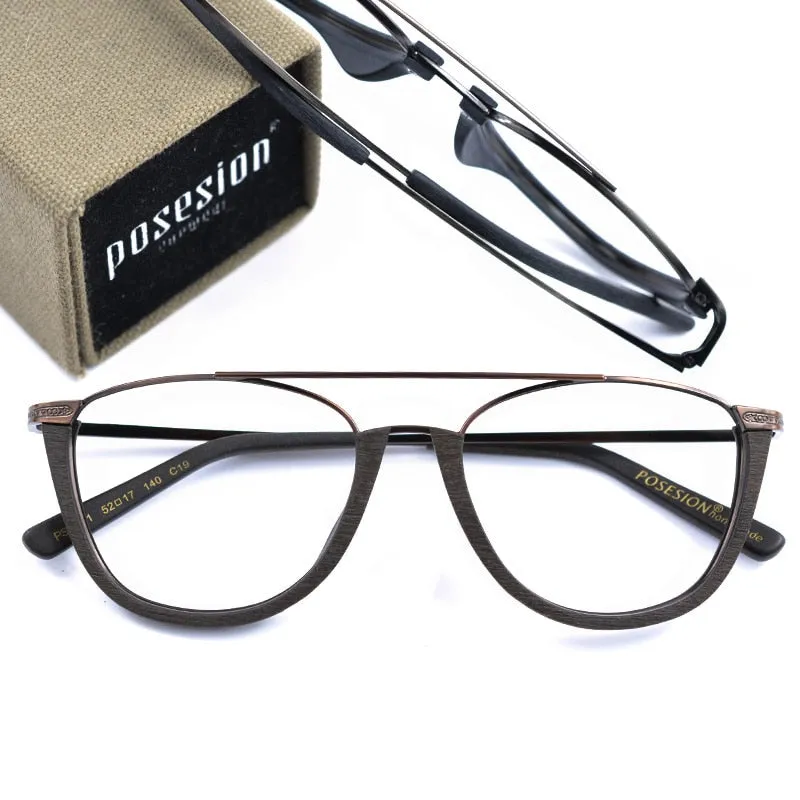 Hdcrafter Unisex Full Rim Round Metal Wood Double Bridge Frame Eyeglasses Ps5051