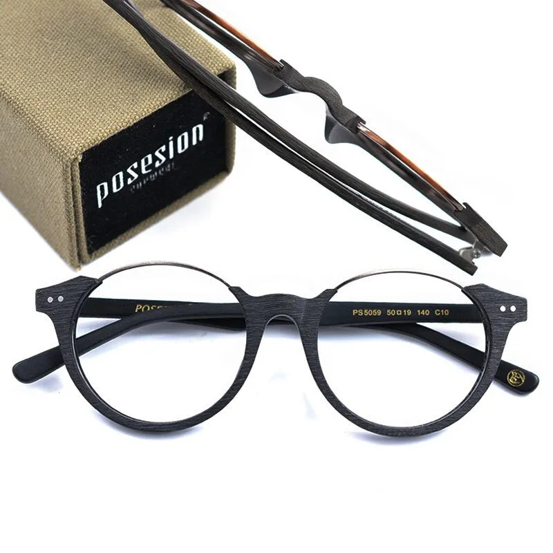 Hdcrafter Unisex Full Rim Round Metal Wood Frame Eyeglasses Ps5059