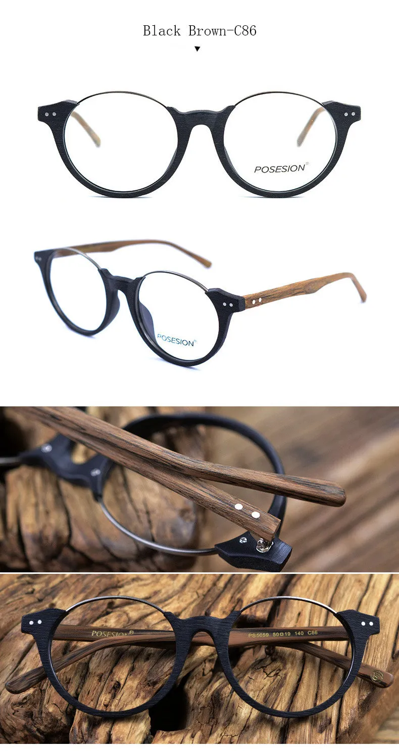 Hdcrafter Unisex Full Rim Round Metal Wood Frame Eyeglasses Ps5059