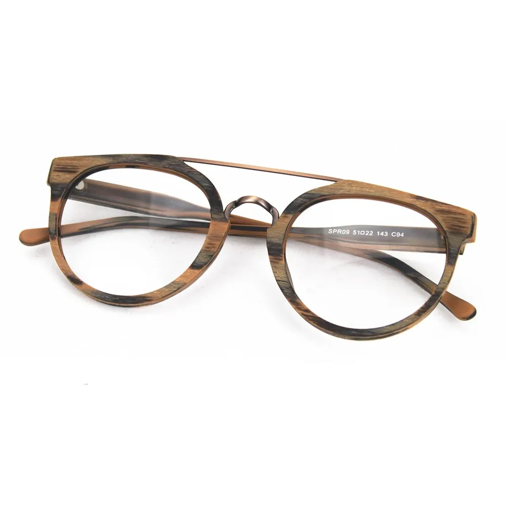 Hdcrafter Unisex Full Rim Round Wood Metal Acetate Double Bridge Frame Eyeglasses Spr09