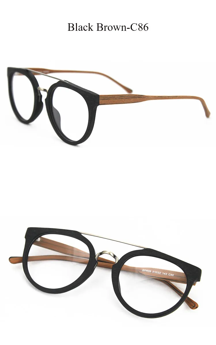 Hdcrafter Unisex Full Rim Round Wood Metal Acetate Double Bridge Frame Eyeglasses Spr09