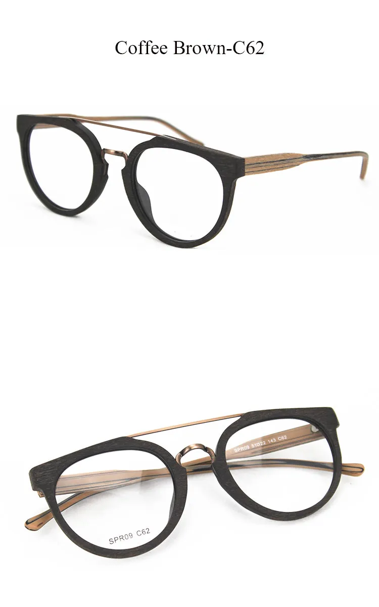 Hdcrafter Unisex Full Rim Round Wood Metal Acetate Double Bridge Frame Eyeglasses Spr09