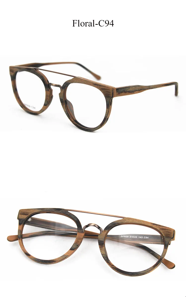 Hdcrafter Unisex Full Rim Round Wood Metal Acetate Double Bridge Frame Eyeglasses Spr09