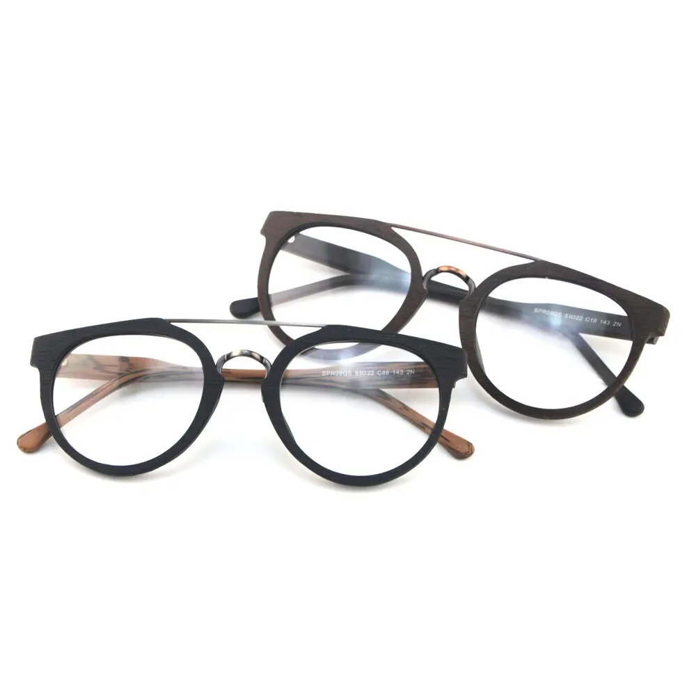 Hdcrafter Unisex Full Rim Round Wood Metal Acetate Double Bridge Frame Eyeglasses Spr09