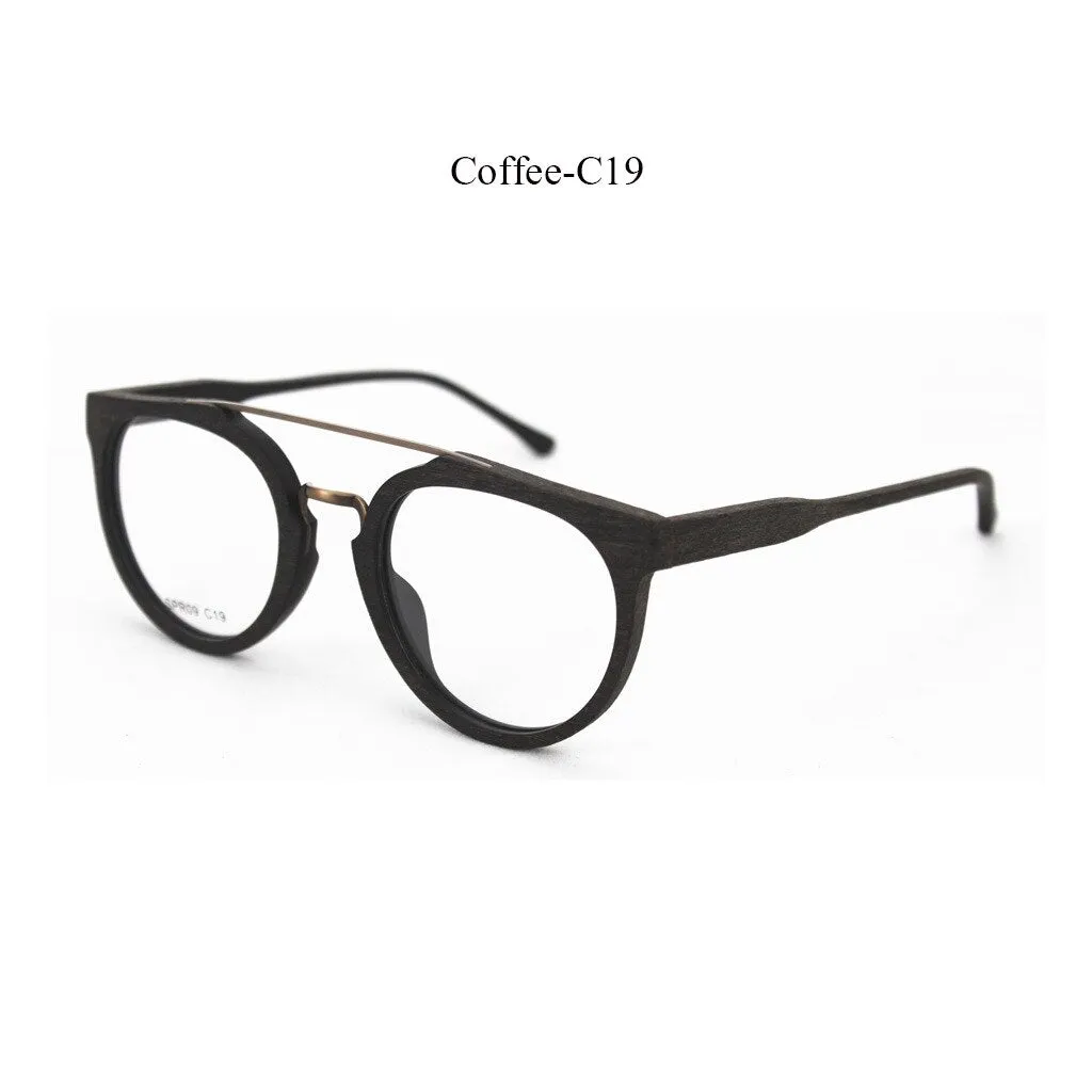 Hdcrafter Unisex Full Rim Round Wood Metal Acetate Double Bridge Frame Eyeglasses Spr09