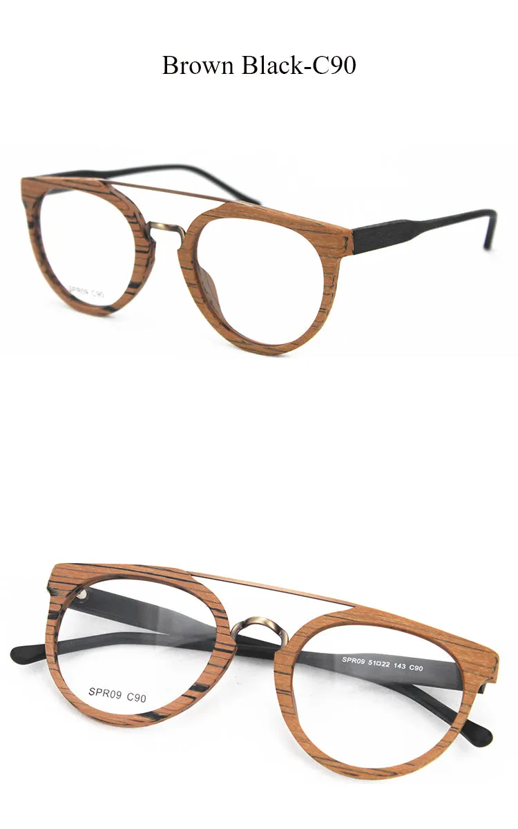 Hdcrafter Unisex Full Rim Round Wood Metal Acetate Double Bridge Frame Eyeglasses Spr09