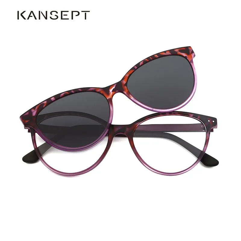 Kansept Women's Full Rim Round Cat Eye Alloy Frame Eyeglasses Magnetic Polarized Clip On Sunglasses T1929