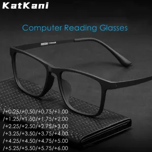 KatKani Unisex Full Rim Square Tr 90 Titanium  Reading Glasses Anti Blue Light Black Hr3068