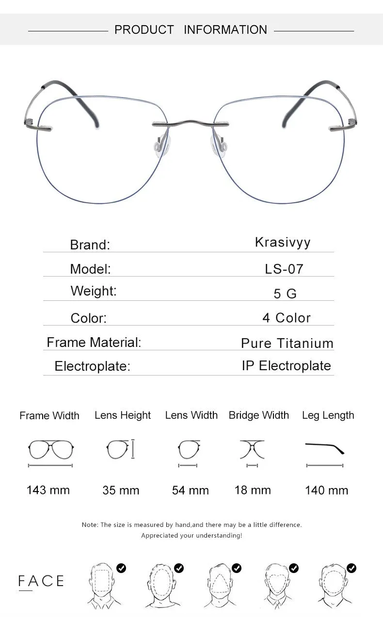 Krasivyy Unisex Rimless Oval Square Titanium Eyeglasses Ls07