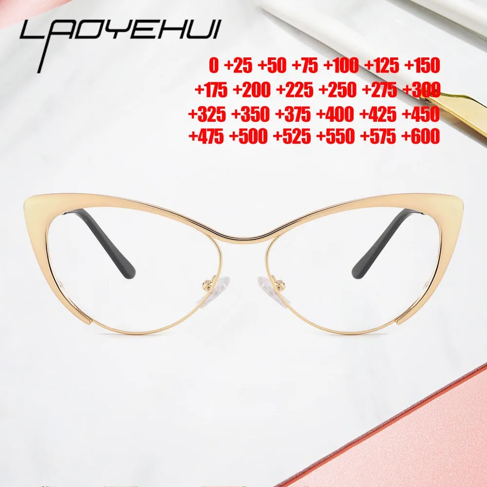 Laoyehui Women's Full Rim Gold Cat Eye Alloy Reading Glasses Anti-Blue 8077