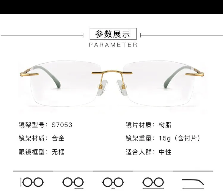 Men's Rimless Square Alloy Frame Eyeglasses Customizable Lenses Zt7053