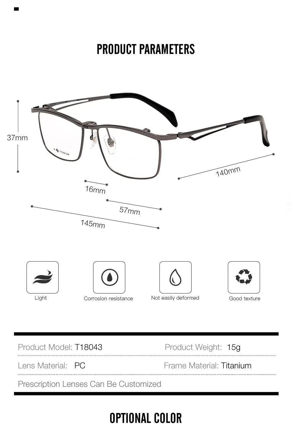 Muzz Men's Full Rim Square Titanium Flip Up Frame Eyeglasses T18043