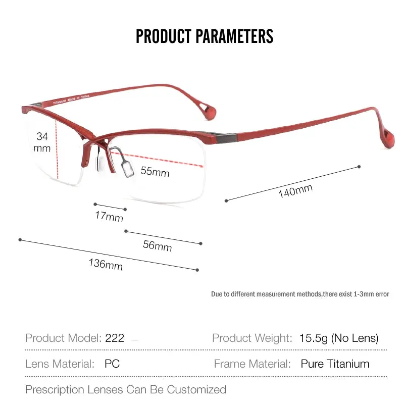 Muzz Mens Semi Rim Rectangle Titanium Eyeglasses 222