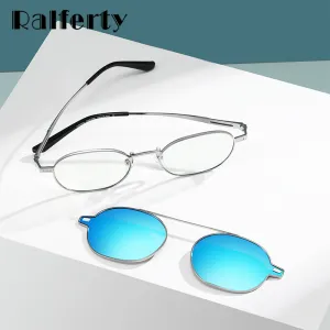 Ralferty Unisex Full Rim Oval Alloy Eyeglasses With Clip On Polarized Sunglasses D8802