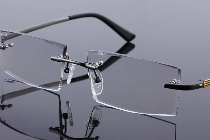 Reven Jate 5904 Titanium Rimless Diamond Cutting Man Glasses Frame Eyeglasses (Black)