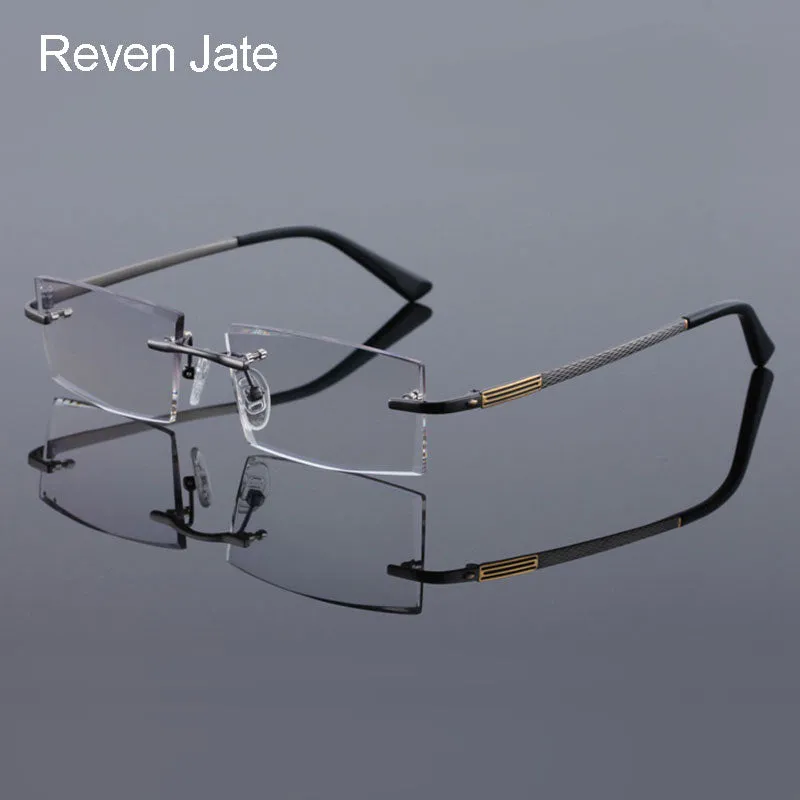 Reven Jate 5904 Titanium Rimless Diamond Cutting Man Glasses Frame Eyeglasses (Black)