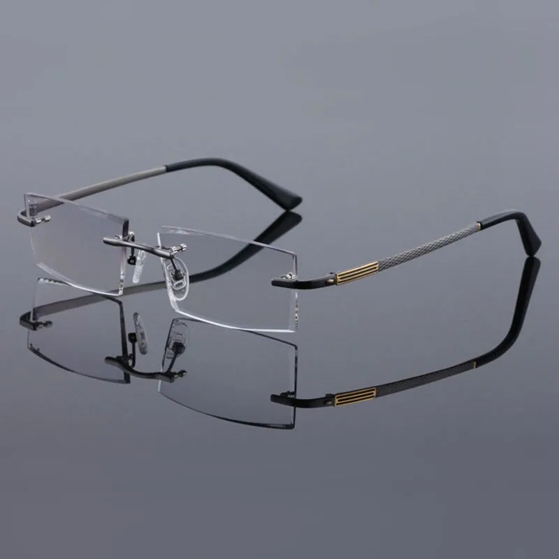 Reven Jate 5904 Titanium Rimless Diamond Cutting Man Glasses Frame Eyeglasses (Black)