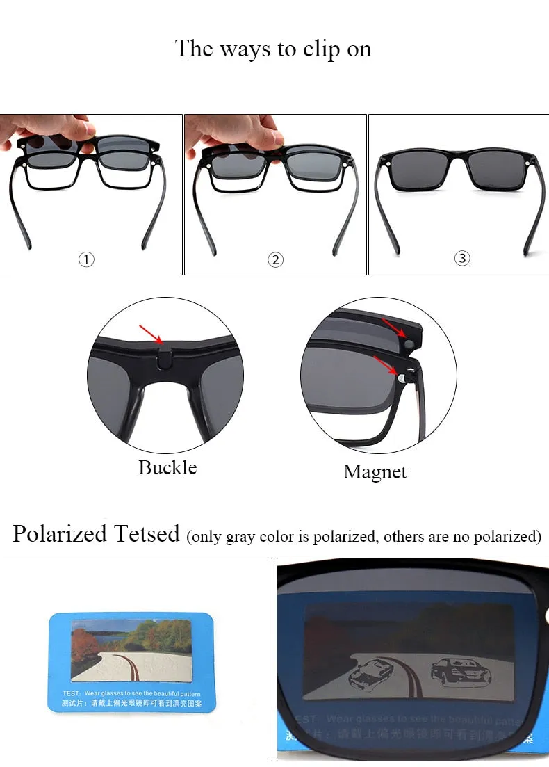 Unisex Full Rim TR90 Frame Eyeglasses With 5 Clip On Polarized Sunglasses