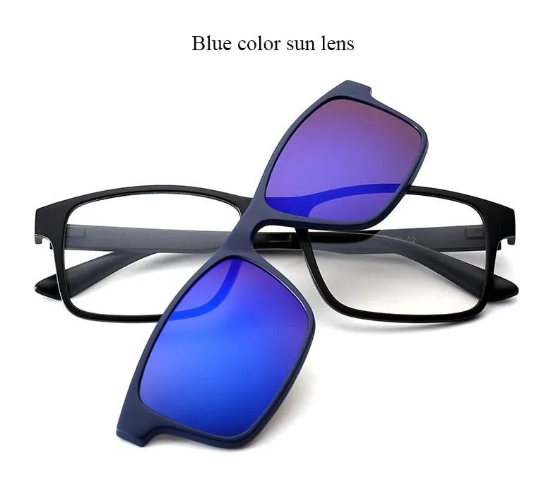 Unisex Full Rim TR90 Frame Eyeglasses With 5 Clip On Polarized Sunglasses