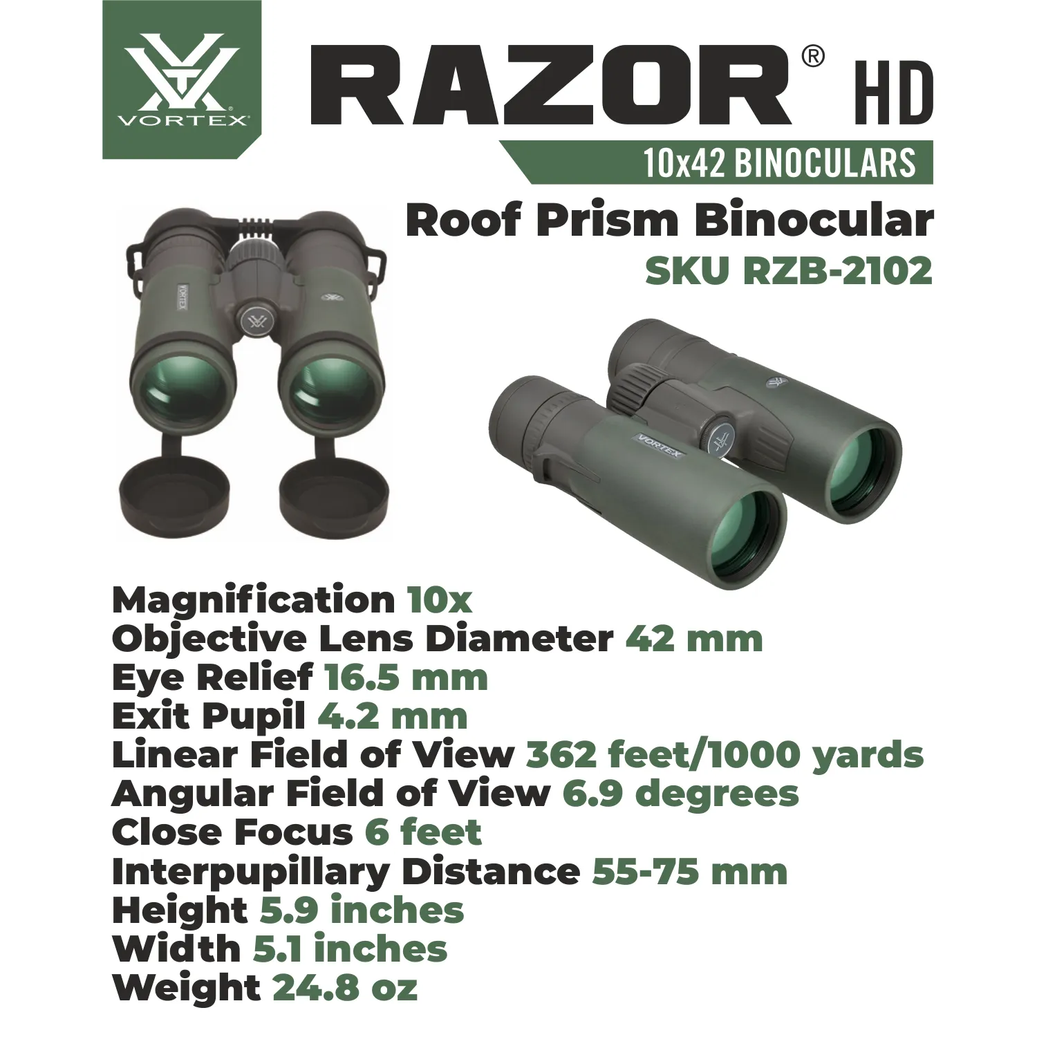 Vortex Optics Razor HD 10x42 Roof Prism Binocular (RZB-2102)