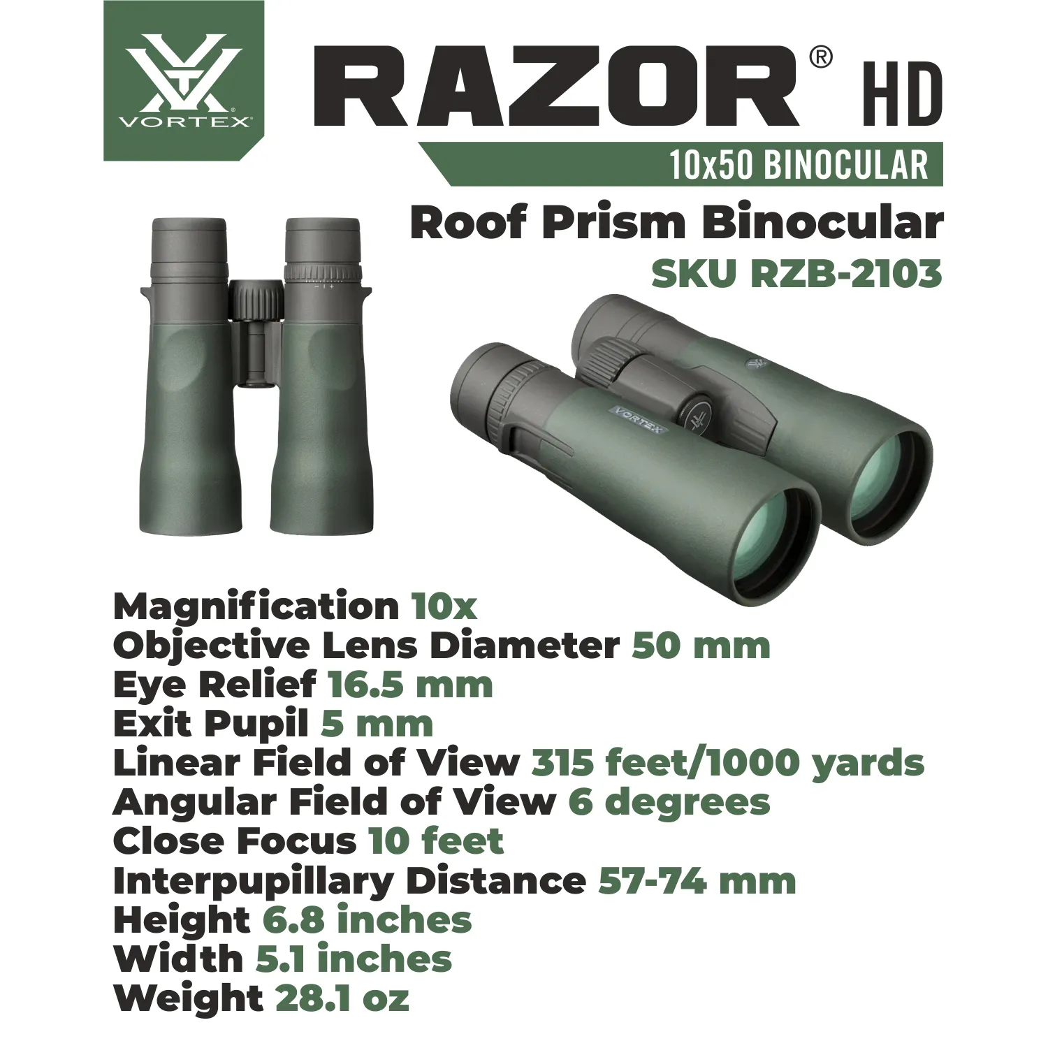 Vortex Optics Razor HD 10x50 Roof Prism Binocular (RZB-2103)