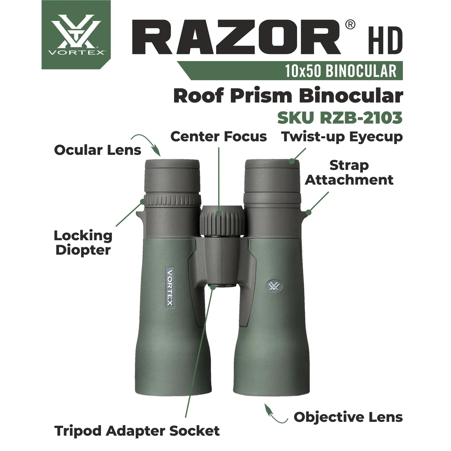 Vortex Optics Razor HD 10x50 Roof Prism Binocular (RZB-2103)