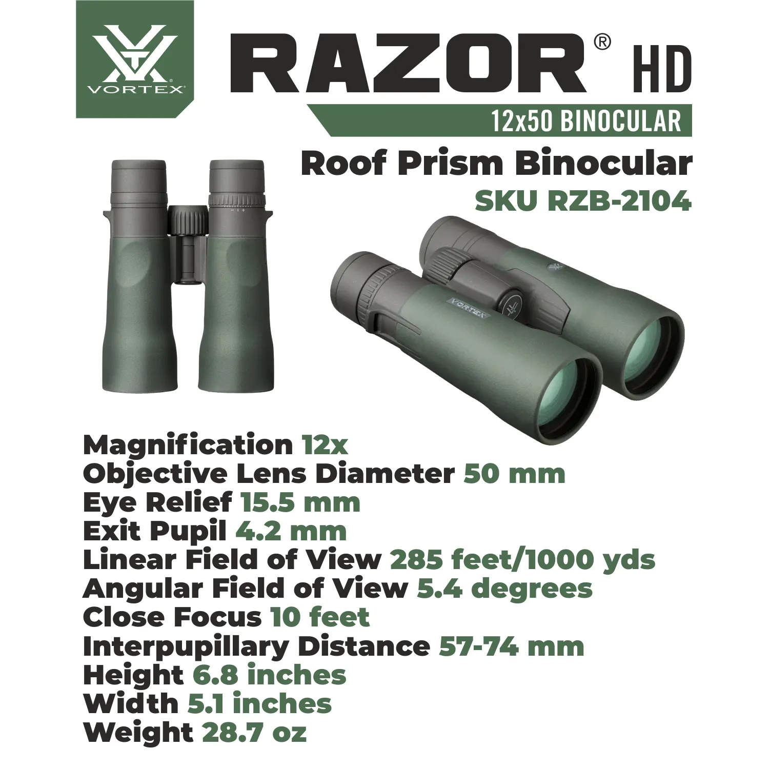 Vortex Optics Razor HD 12x50 Roof Prism Binocular (RZB-2104)