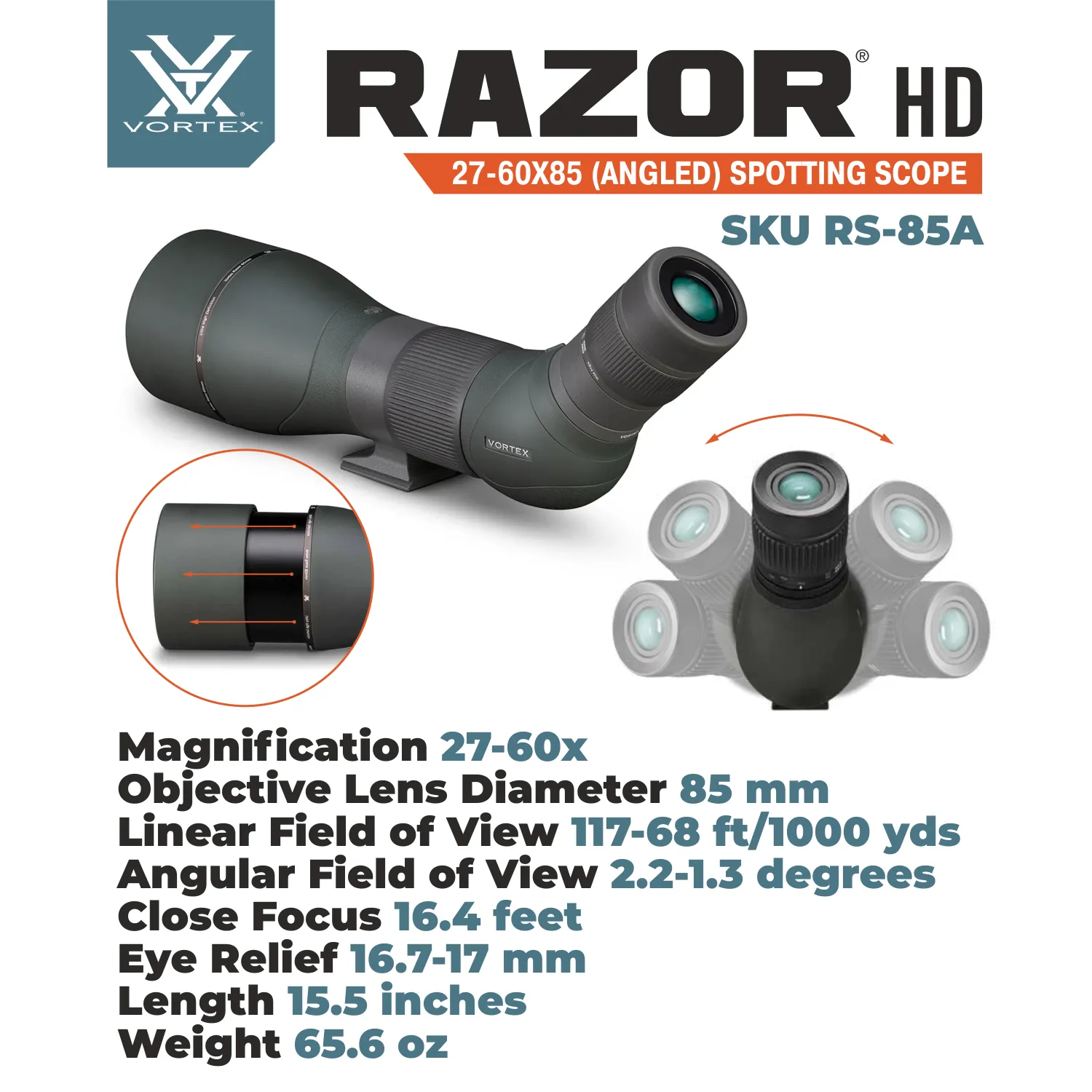 Vortex Optics Razor HD 27-60X85 (Angled) Spotting Scope (RS-85A)