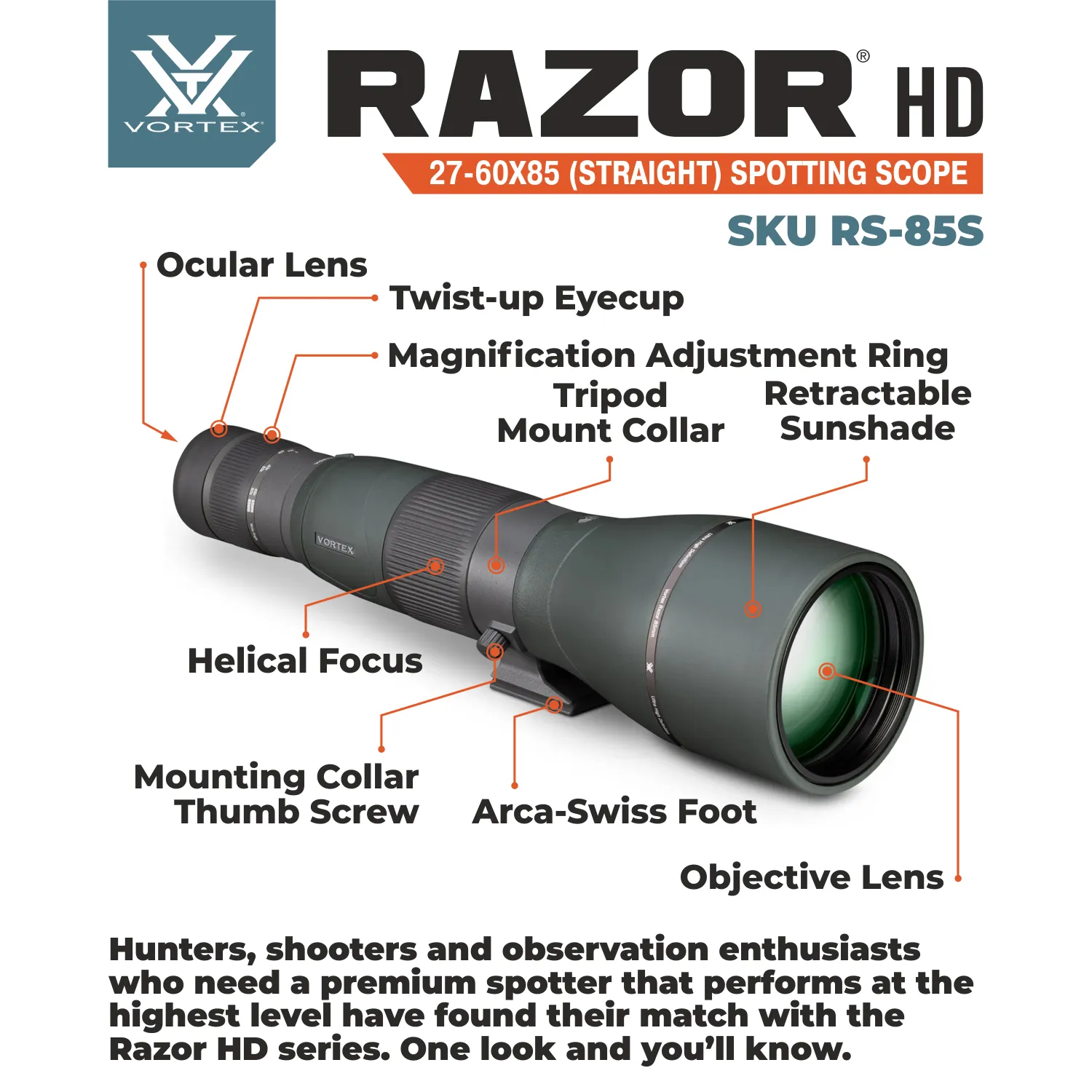 Vortex Optics Razor HD 27-60X85 Straight Spotting Scope (RS-85S)