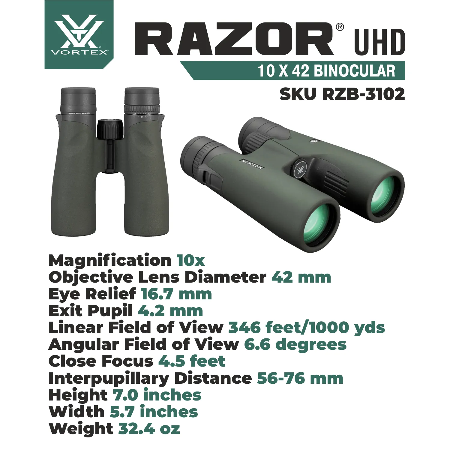 Vortex Optics Razor UHD 10x42 Binocular (RZB-3102)