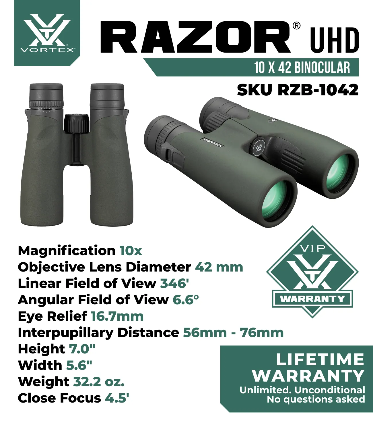 Vortex Optics Razor UHD 10x42 Waterproof Binocular (RZB-1042)